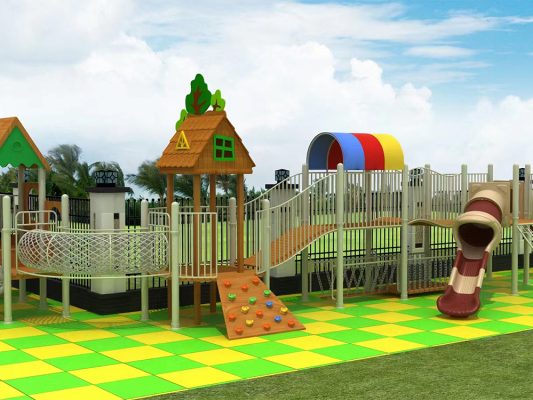 outdoor wooden playhouse with slide