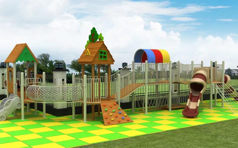 outdoor wooden playhouse with slide