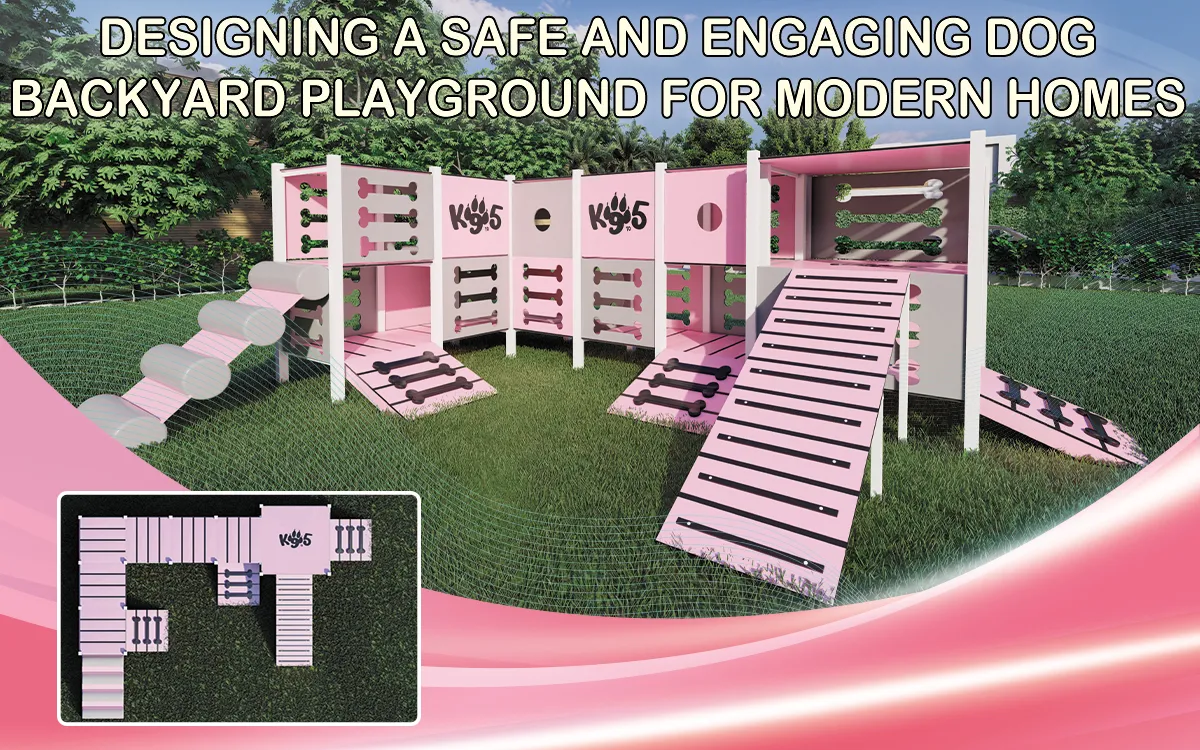 Ein sicherer und ansprechender Spielplatz für Hunde im Garten eines modernen Wohnhauses