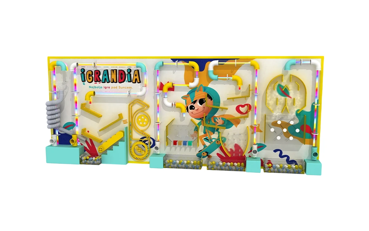 Como é que uma parede de labirinto de bolas, um jogo de parede de pista de bolas e um equipamento de jogo interativo de parede podem aumentar o valor do parque infantil comercial 6 Sistema de jogo de bola de parede