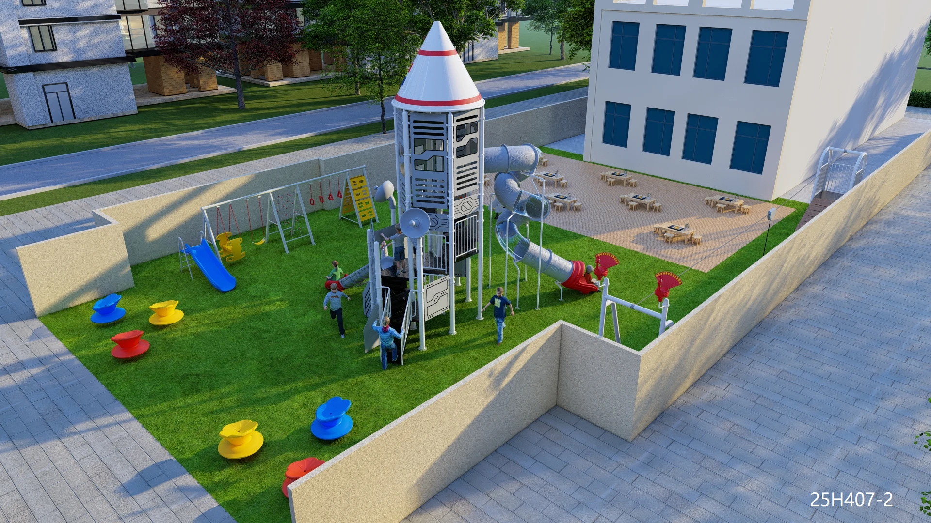 Creche com soluções de parques infantis exteriores para uma aprendizagem precoce mais segura 6 Creche com parque infantil exterior