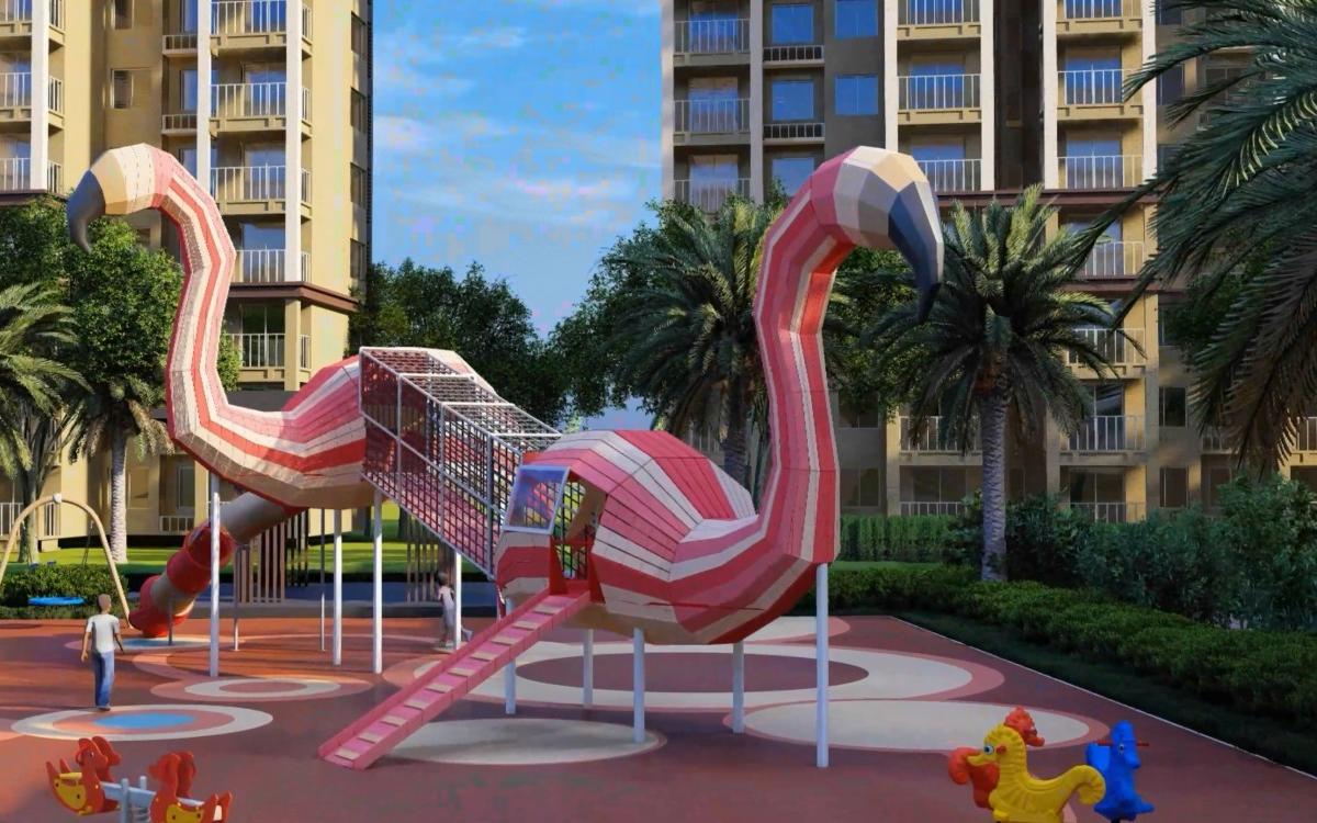 Flamingo Playground Equipment featuring twin pink flamingo structures, a connecting mesh bridge, slides, and outdoor play areas