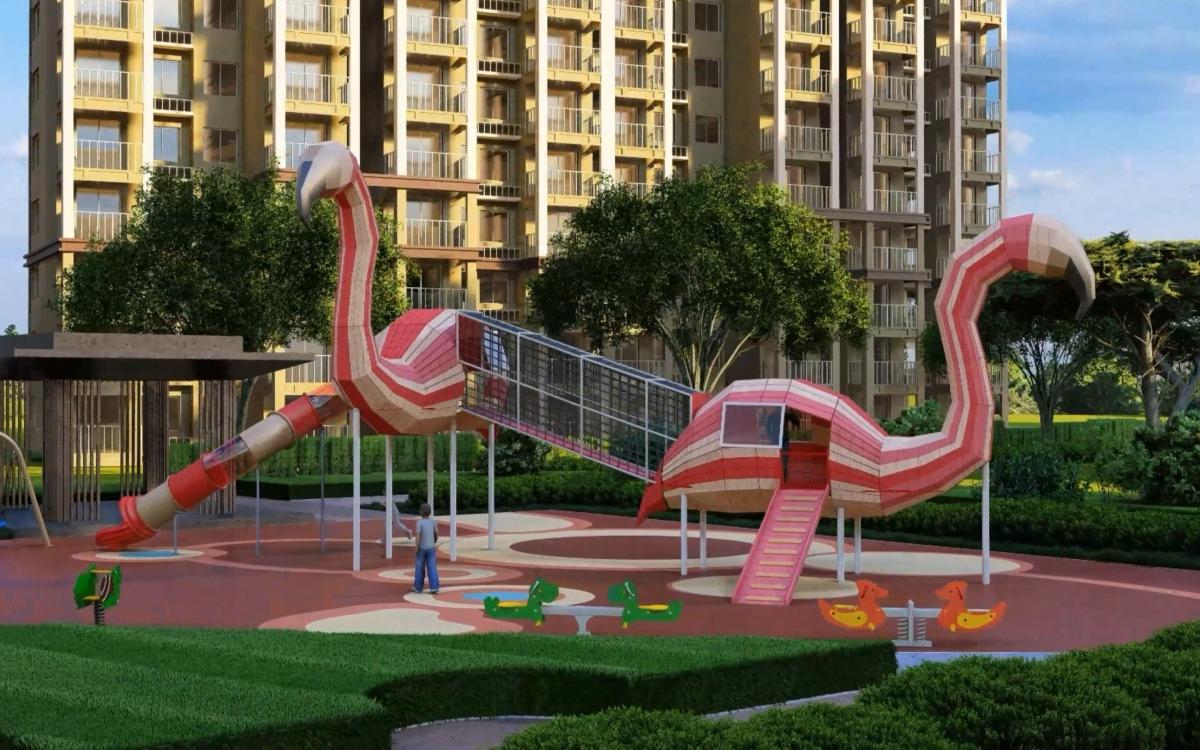 Custom Animal Themed Playground Equipment with pink flamingo sculptures, elevated mesh bridge, access stairs, and spiral-style tube slide