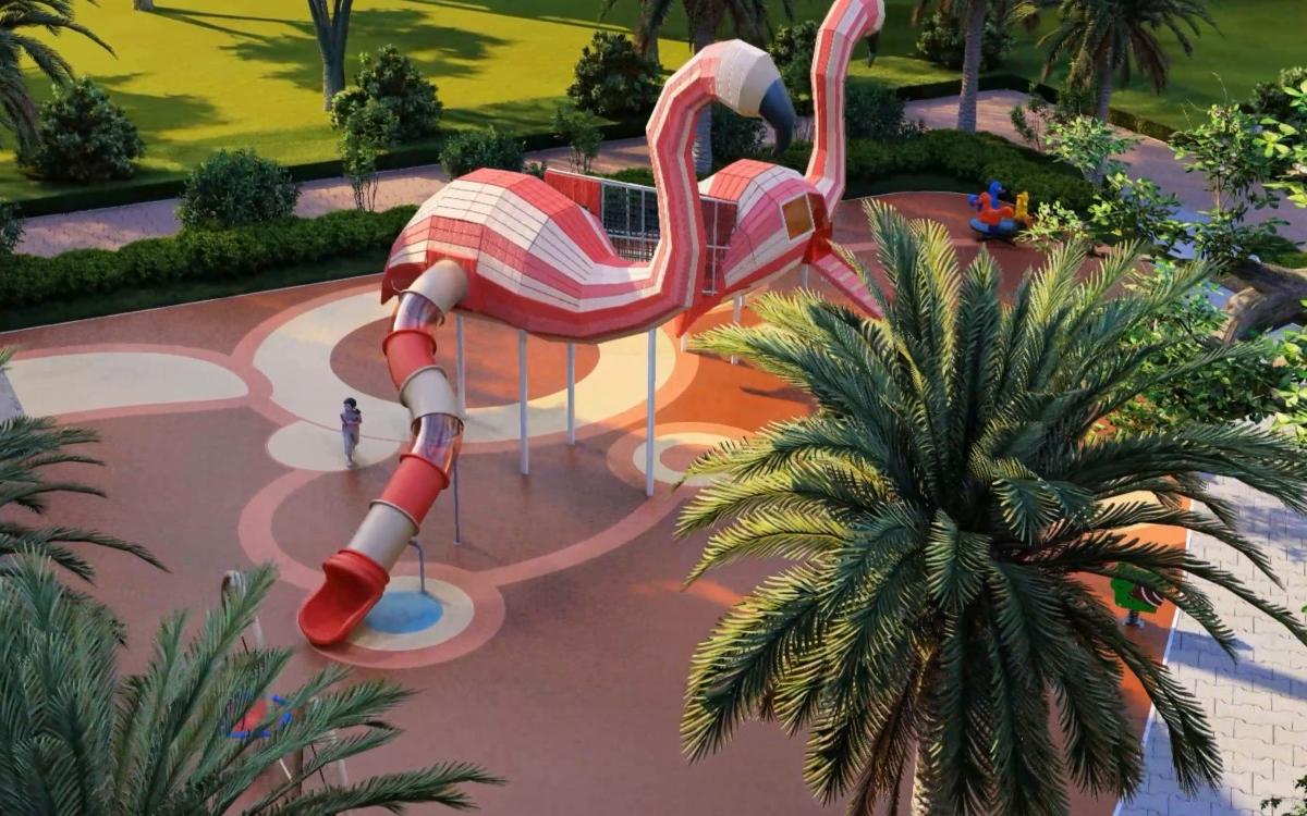Flamingo Playground Equipment aerial rendering showing curved flamingo shapes, red tube slide, landscaping, and colorful outdoor play surfacing