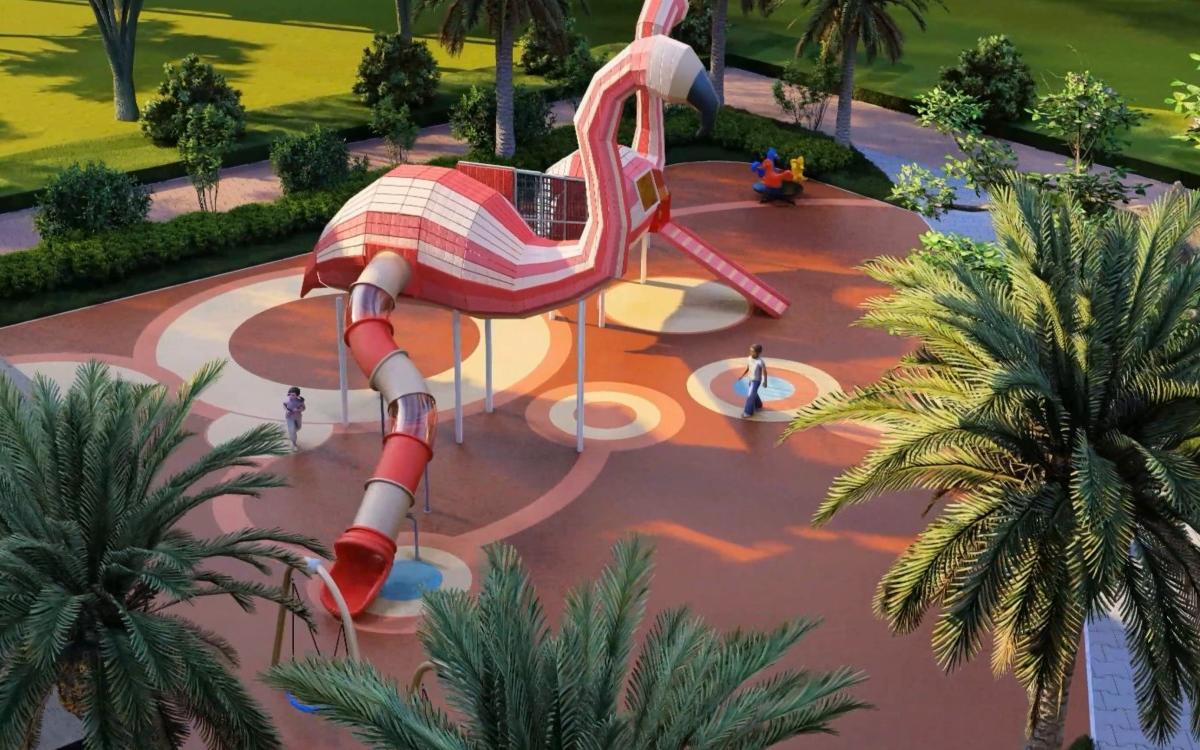 Custom Animal Themed Playground Equipment aerial view showing flamingo-shaped playground structures, a tube slide, and circular safety surfacing