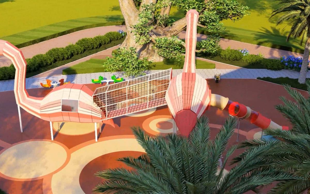 Flamingo Themed Playground top view highlighting a long elevated mesh bridge connecting two pink flamingo-shaped playground structures